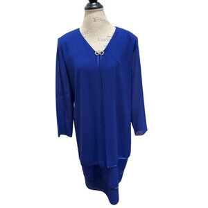 Patra Royal Blue Satin Trim Semi-Sheer Long Sleeve Layered Midi Dress Women's 12